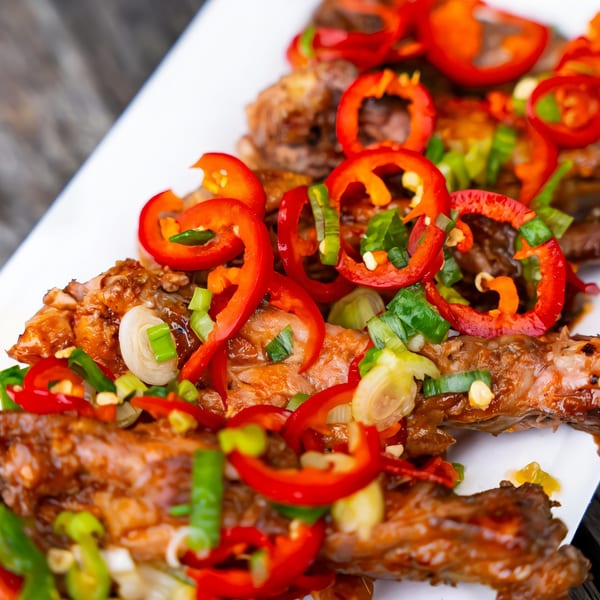 Close-up of Rene's Mexican Kitchen's dish with meat, red bell peppers, and green onions.