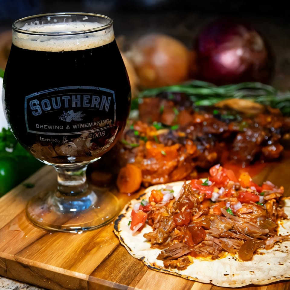 A dark beer in a branded glass next to a Mexican taco with meat and salsa on a wooden board.