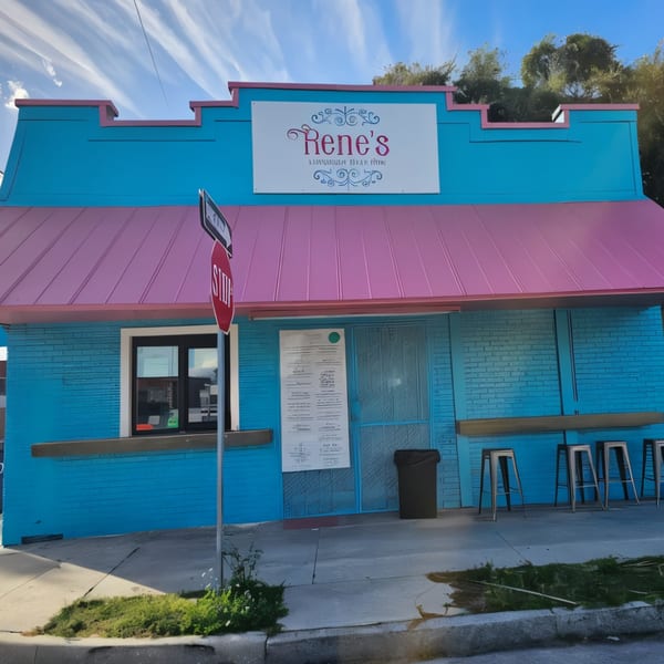 Rene's Mexican Kitchen, a vibrant blue building with a pink roof and a white sign.